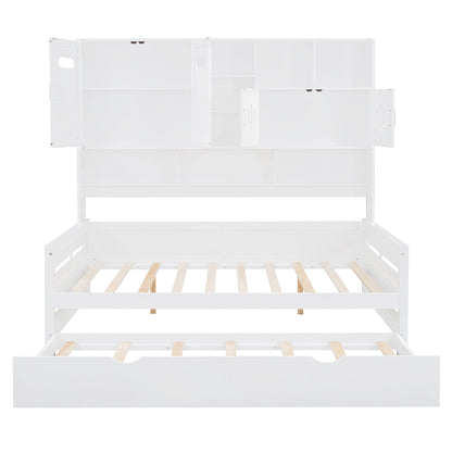 Full Size Wooden Daybed With Twin Size Trundle, And All In One Cabinet And Shelf - White