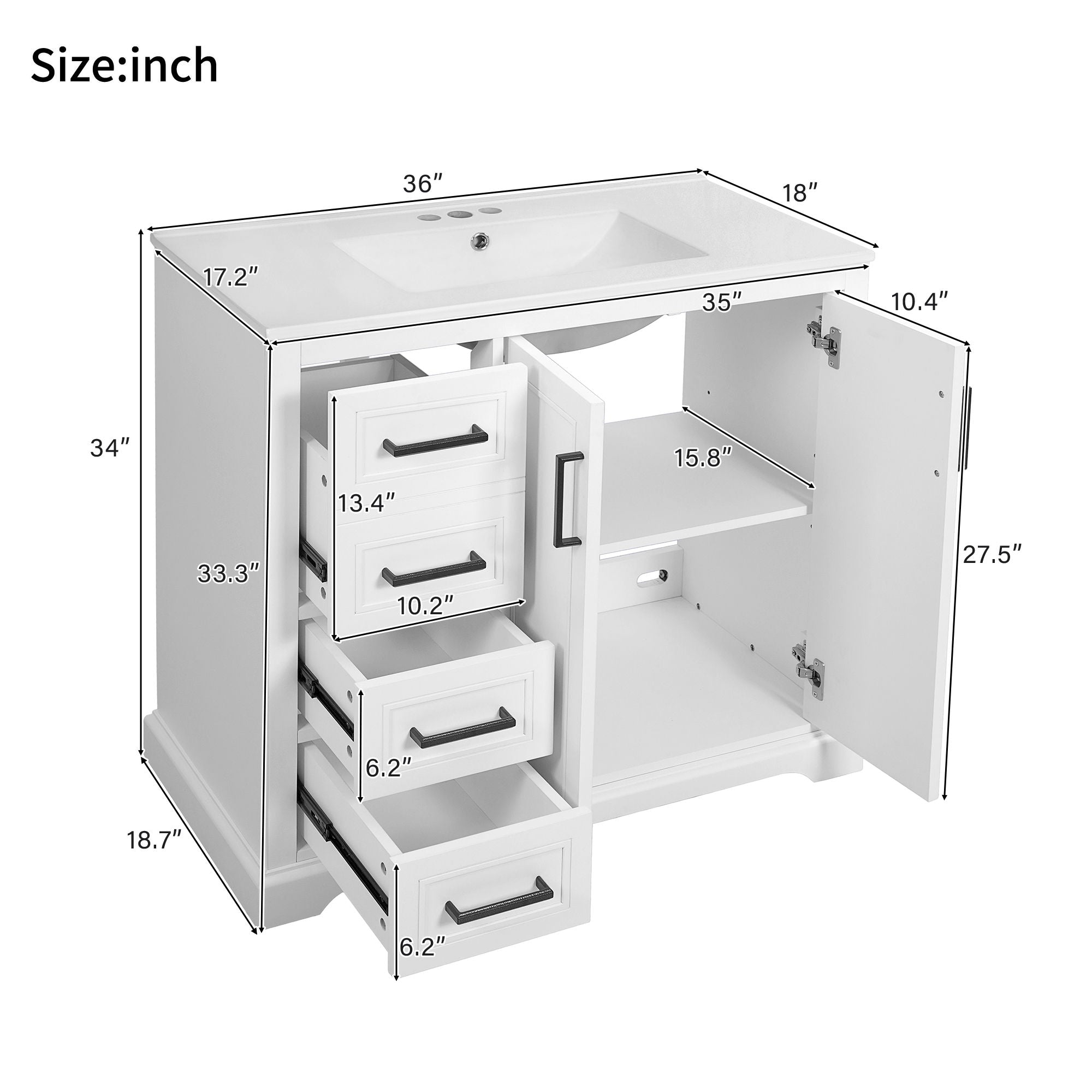 Bathroom Vanity With Sink, Soft Close Doors, Adjustable Shelf &amp; 3 Drawers