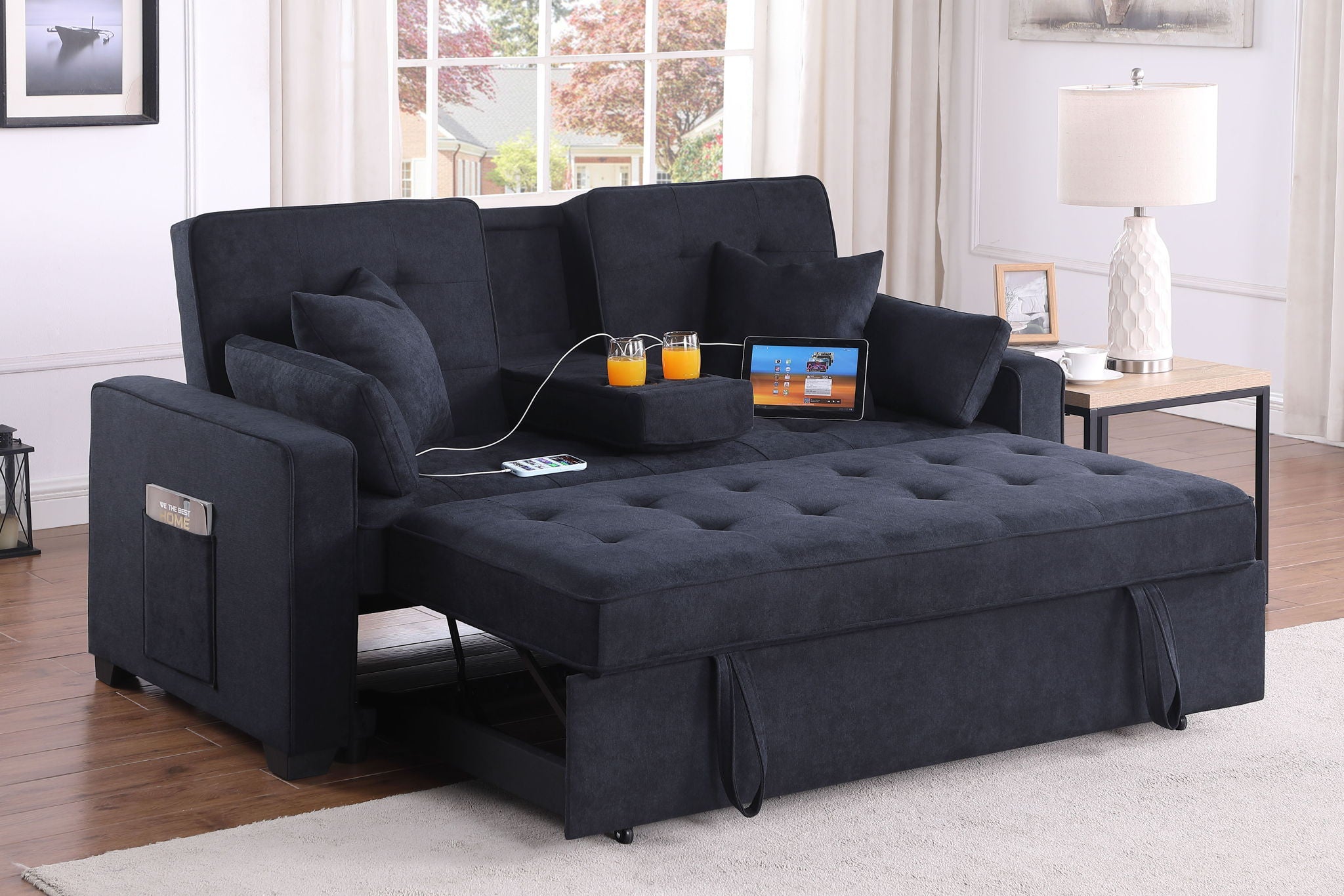 Cody II - 69.5&quot;W Woven Fabric Convertible Sleeper Loveseat with Cup Holder