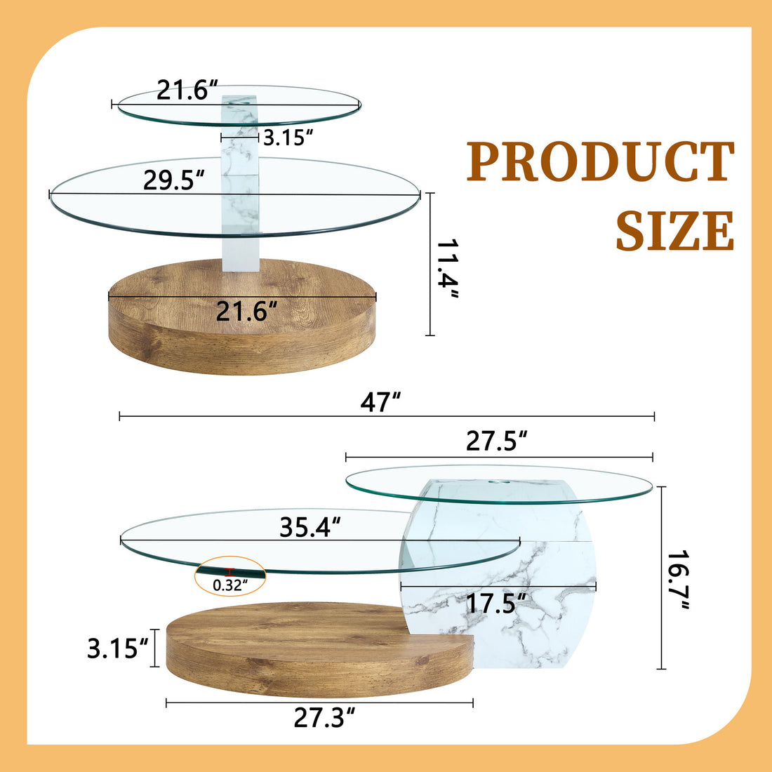 Contemporary Artistic Double Layer Coffee Table Marble And Wood Grain Collision - Transparent / White