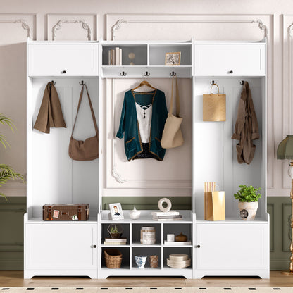 Wide Hall Tree With Shoe Storage, 4 In 1 Entryway Bench With 8 Cubbies, 7 Coat Hooks &amp; Adjustable Shelf For Hallway - White