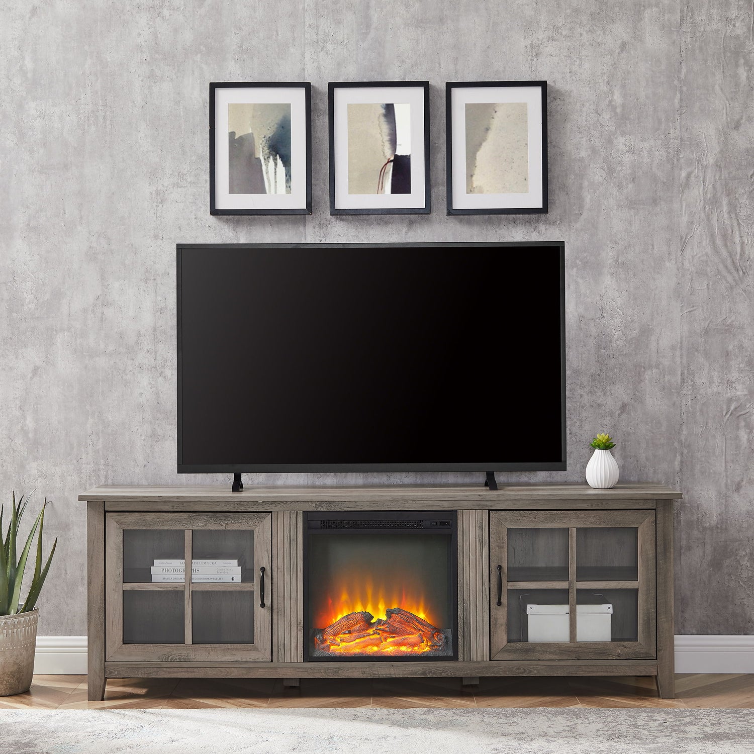 Modern Farmhouse 2 Door Glass Windowpane 70&quot; TV Stand For 80&quot; TVs