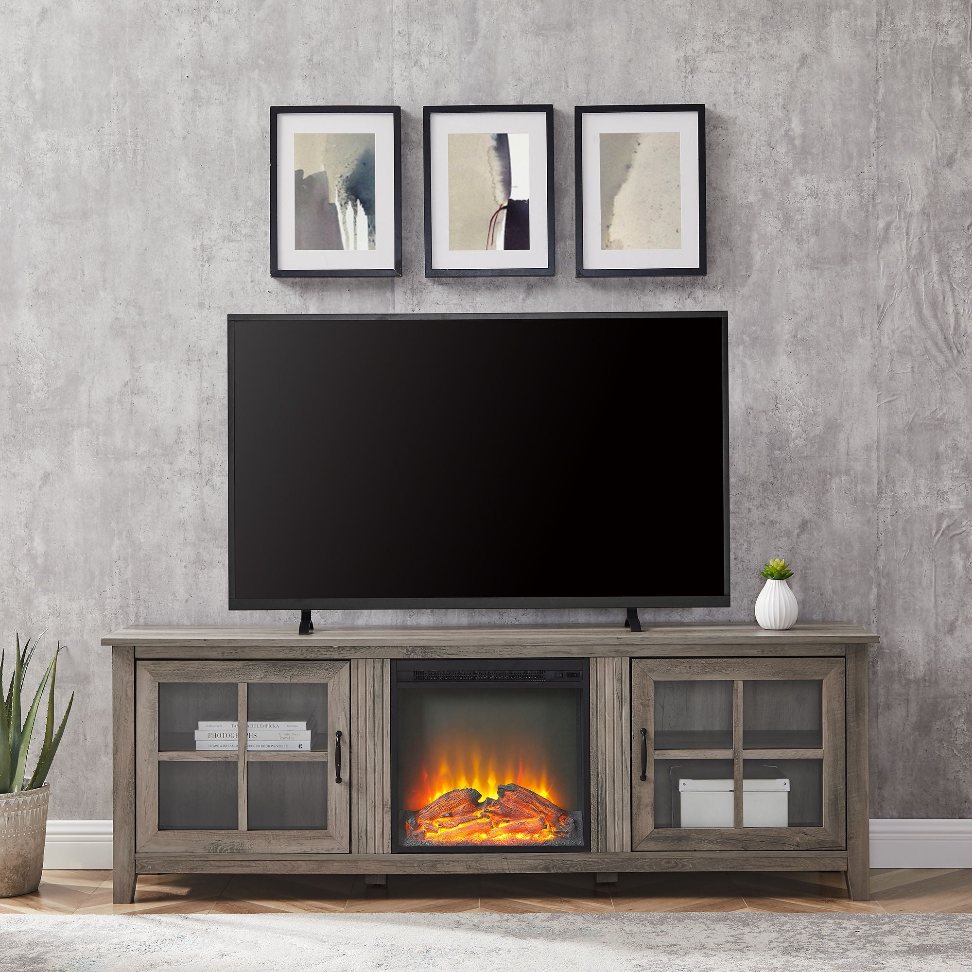 Modern Farmhouse 2 Door Glass Windowpane 70&quot; TV Stand For 80&quot; TVs