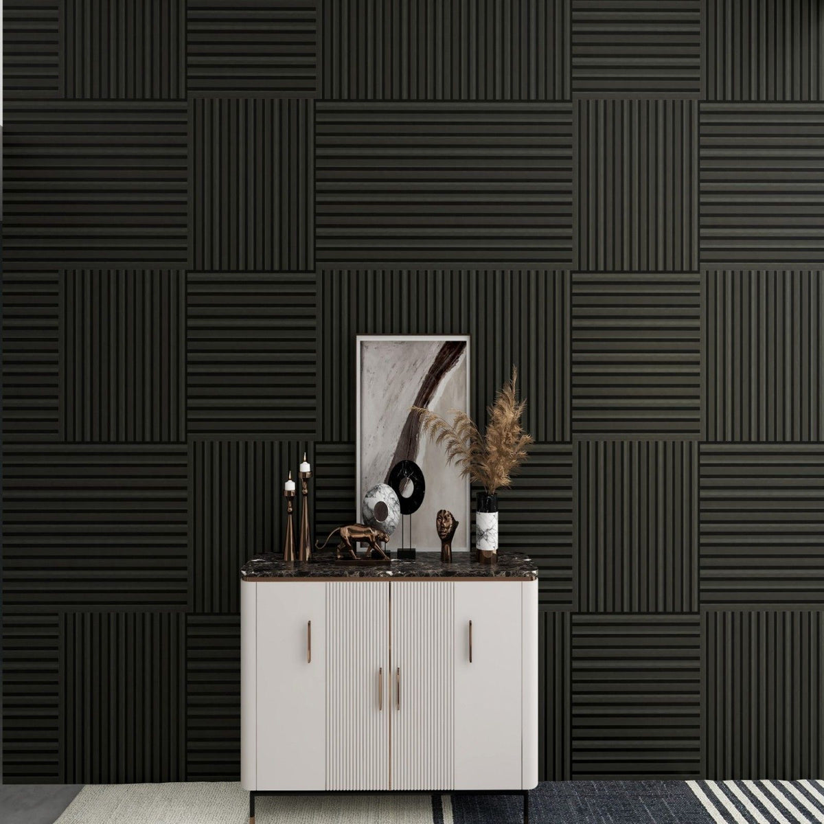 Acoustic Panels With Strip Design, Sound Absorbing Wall &amp; Ceiling Panels (Set of 4) - Matt Black