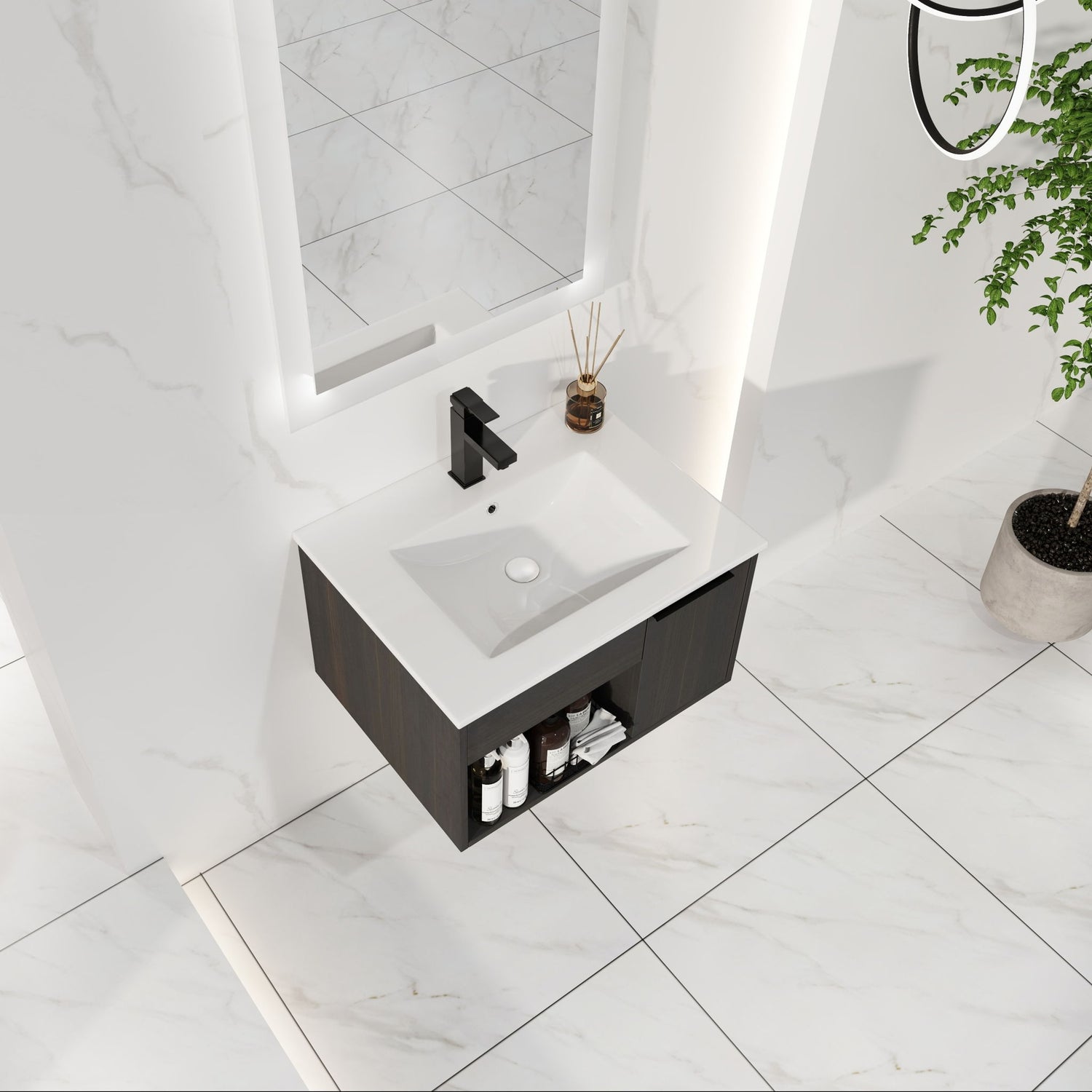 Wall Mounted Floating Bathroom Vanity With Open Shelf &amp; Soft Close Door