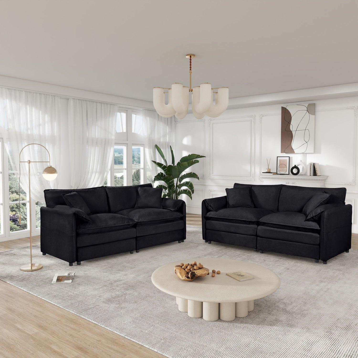 Modern Chenille Oversized Deep Seat Luxury 2 Piece Sofa Set With 4 Pillows