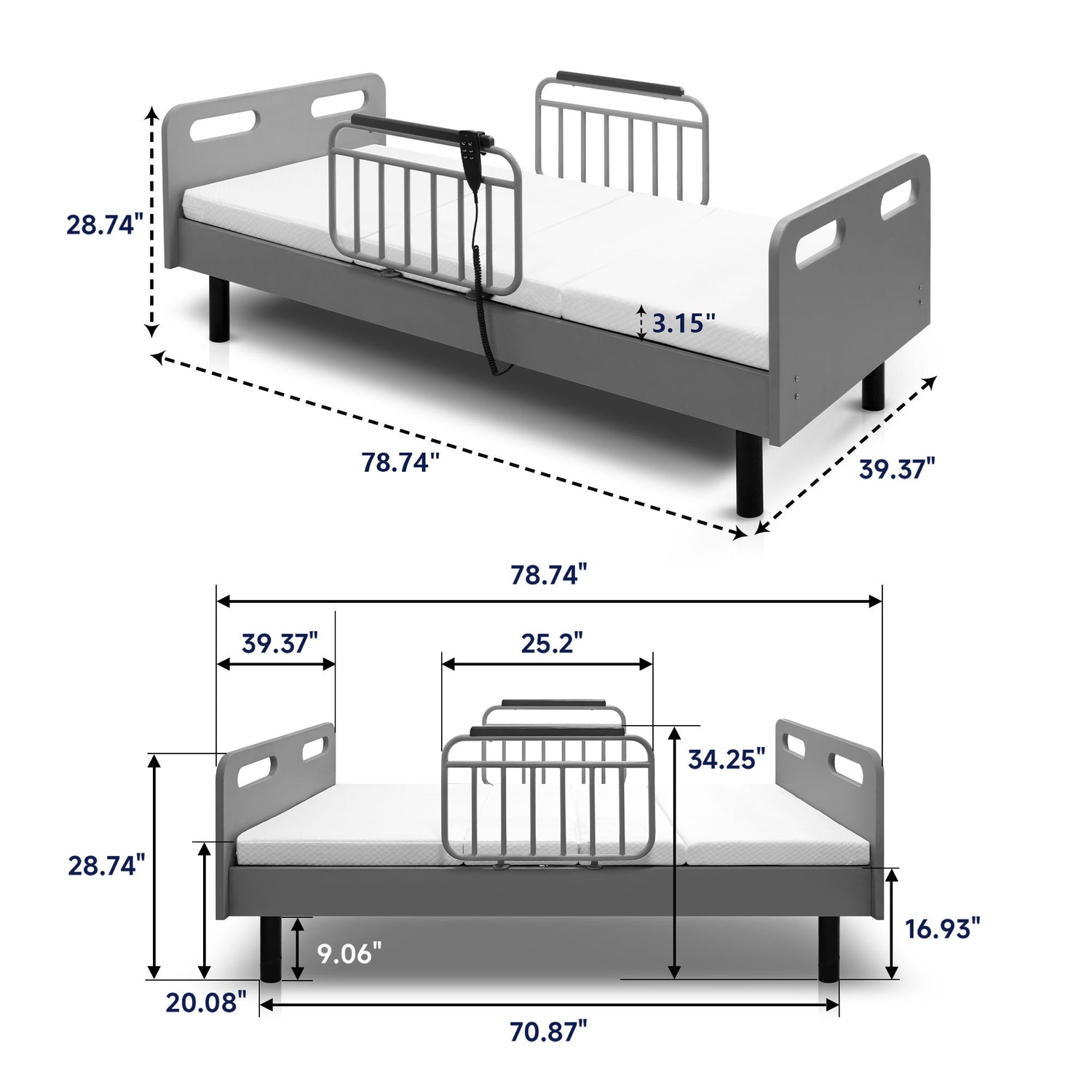 Electric Adjustable Hospital Bed For Home Use With Wired Remote Control, Memory Foam Mattress - Gray / White
