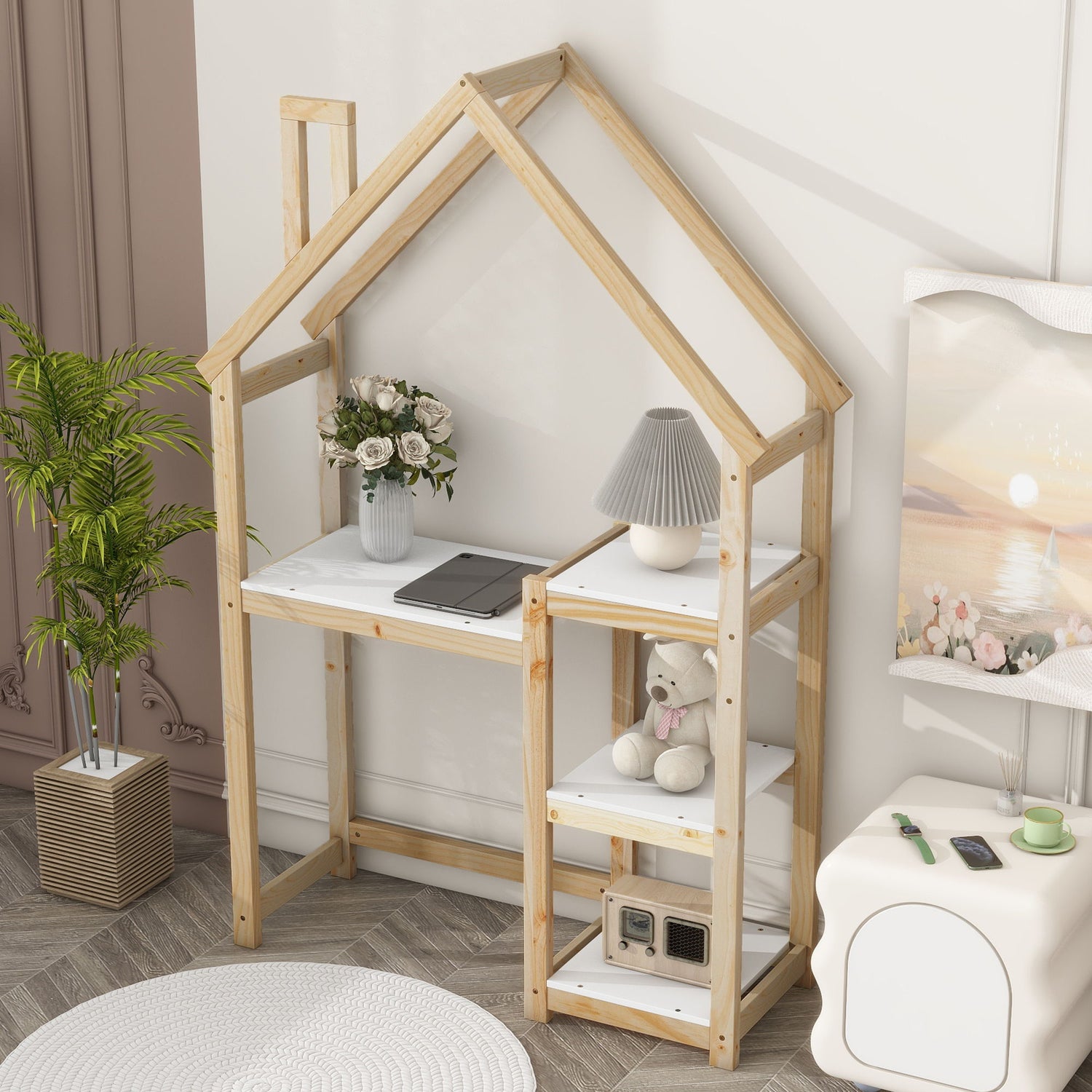 House-Shaped Wooden Writing Desk, Kids Study Table, Bookshelf &amp; Toy Storage