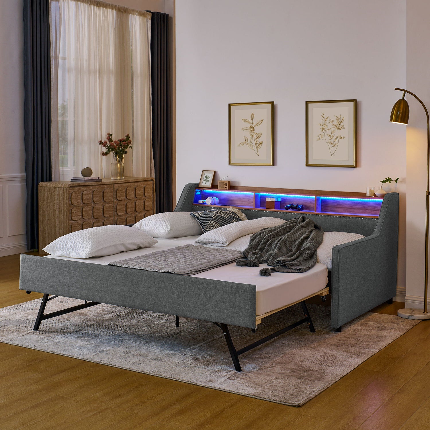 Upholstered Sofa Bed With LED Lights, Storage Headboard, Foldable Trundle &amp; Wireless Charging
