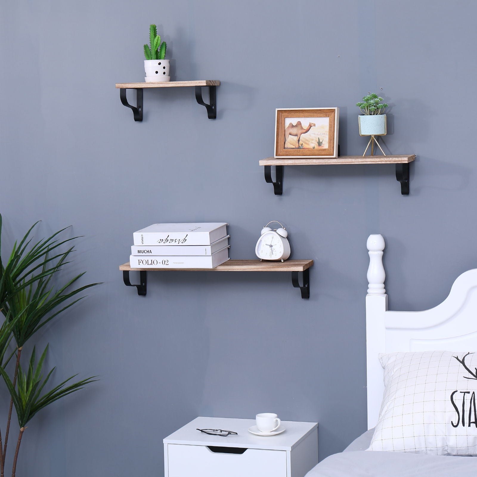 Floating Shelves, Long Wall Shelves (Set of 3), Wall Mounted Shelves &amp; Brackets For Bedroom - Natural Wood