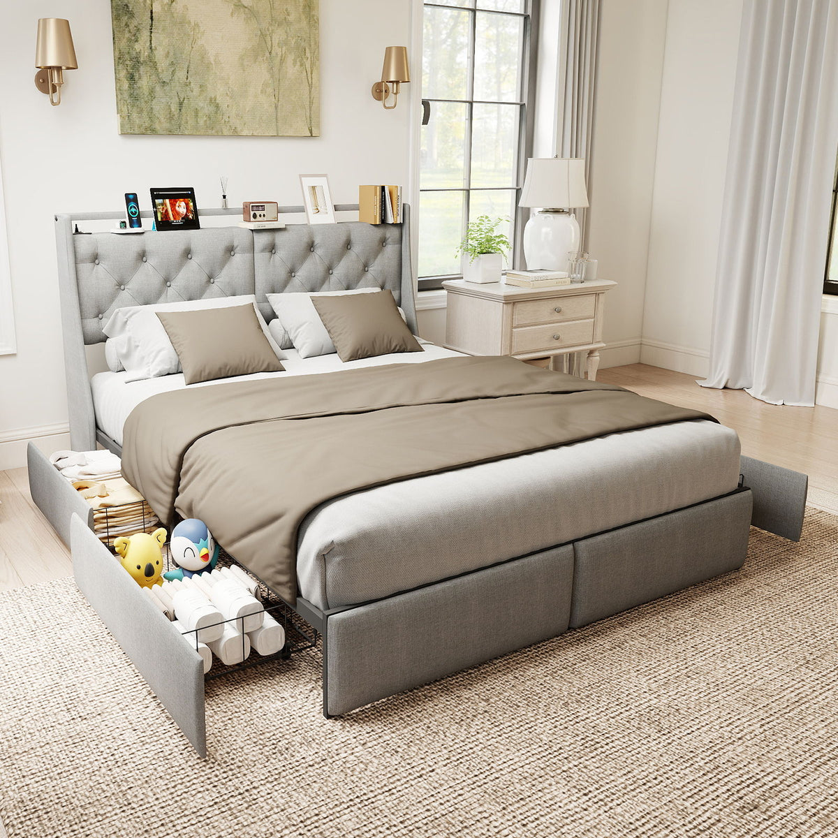 Platform Bed Frame With RGB LED Lights, Charging Station, Storage Headboard &amp; 4 Underbed Drawers
