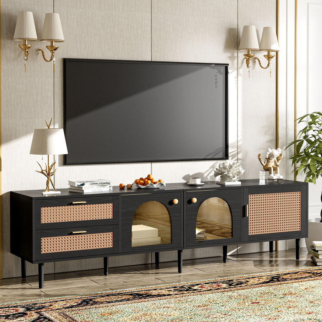Rattan TV Stand With 3 Cabinets &amp; 2 Drawers, Rattan-Inspired Media Console Table For Tvs Up To 80&