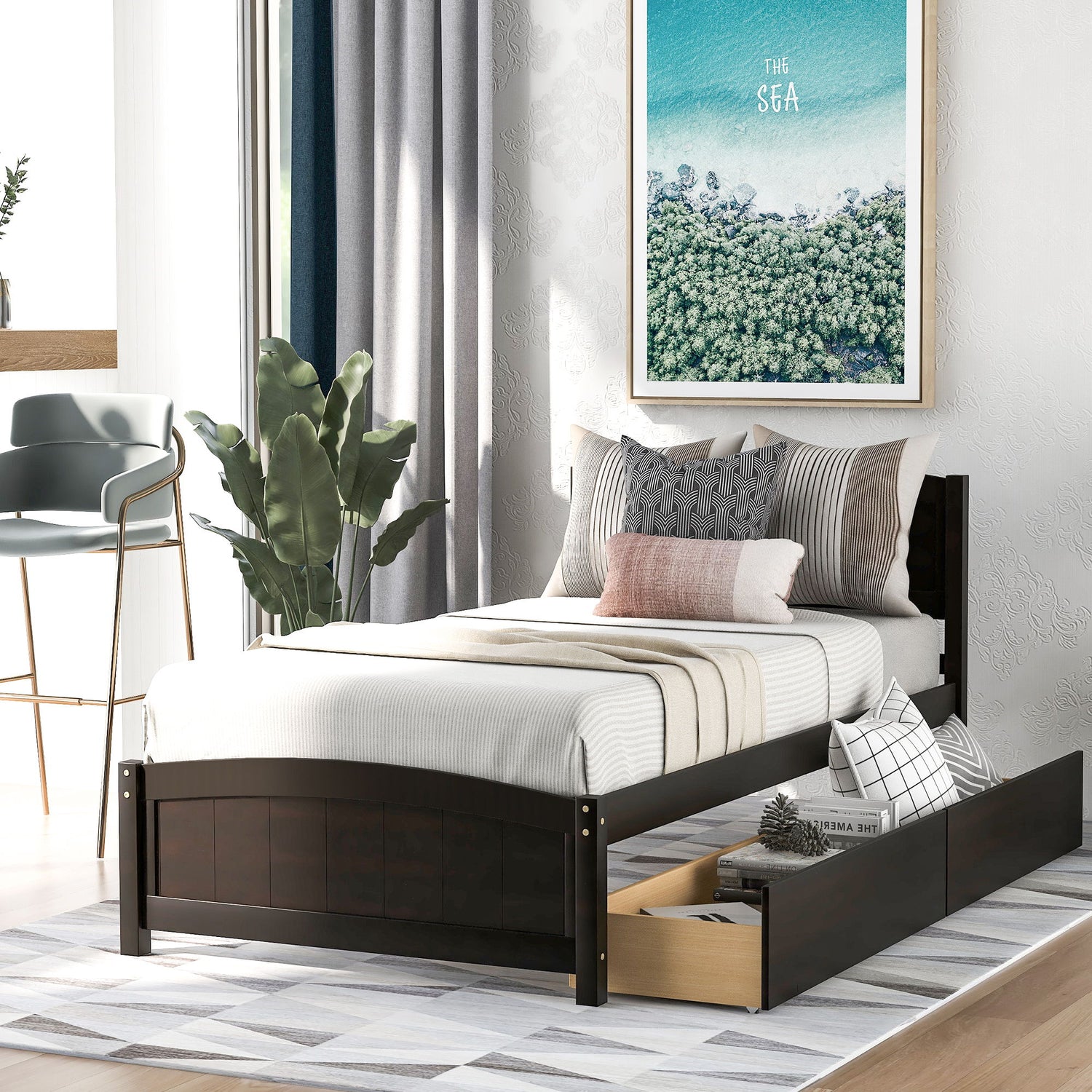 Platform Bed &amp; Headboard, Footboard And Wood Slat Support