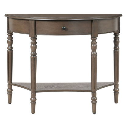 Half Moon Console Table With Drawer &amp; Shelf For Living Room - Walnut
