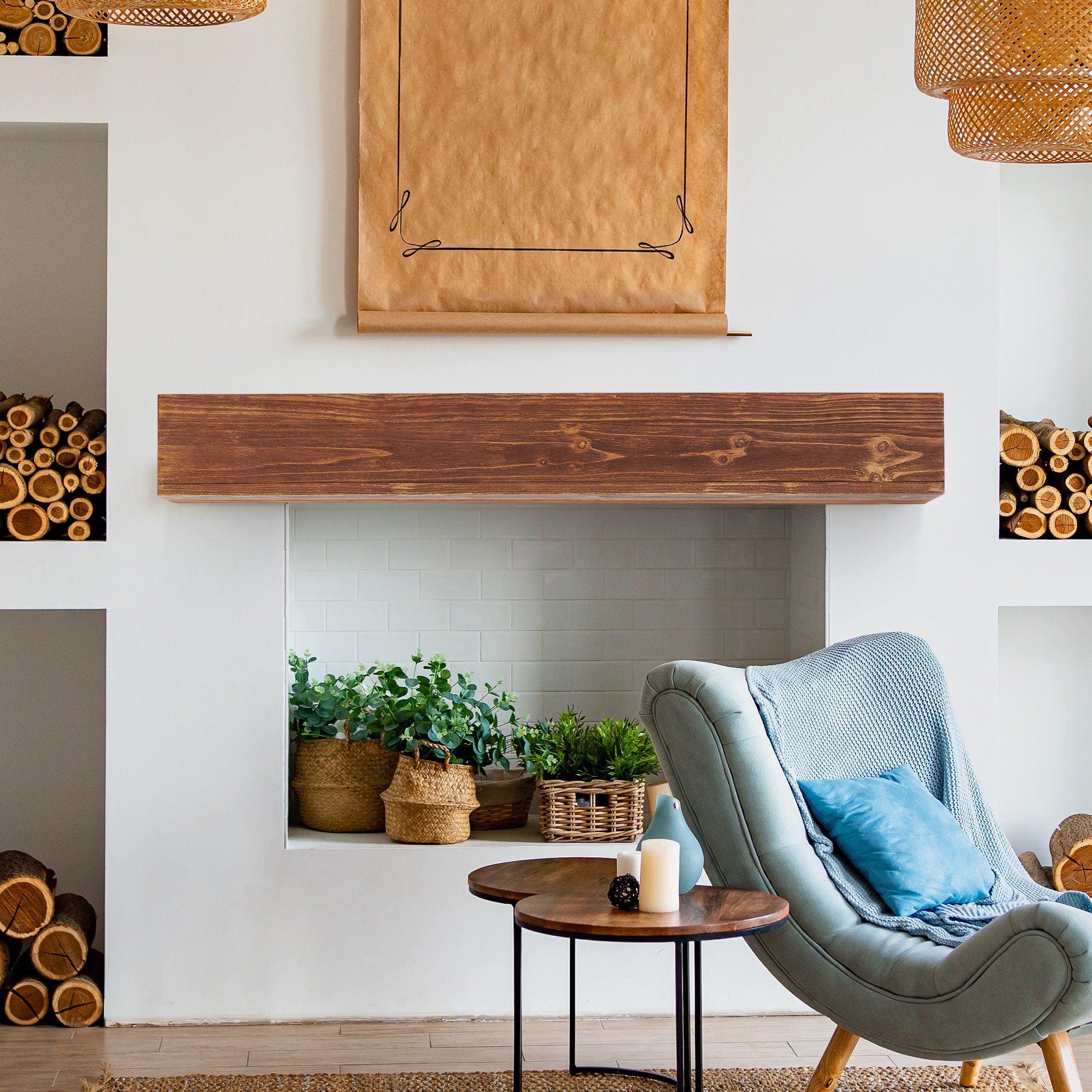 Rustic Wood Fireplace Mantel, Wall-Mounted &amp; Floating Shelf For Home Decor