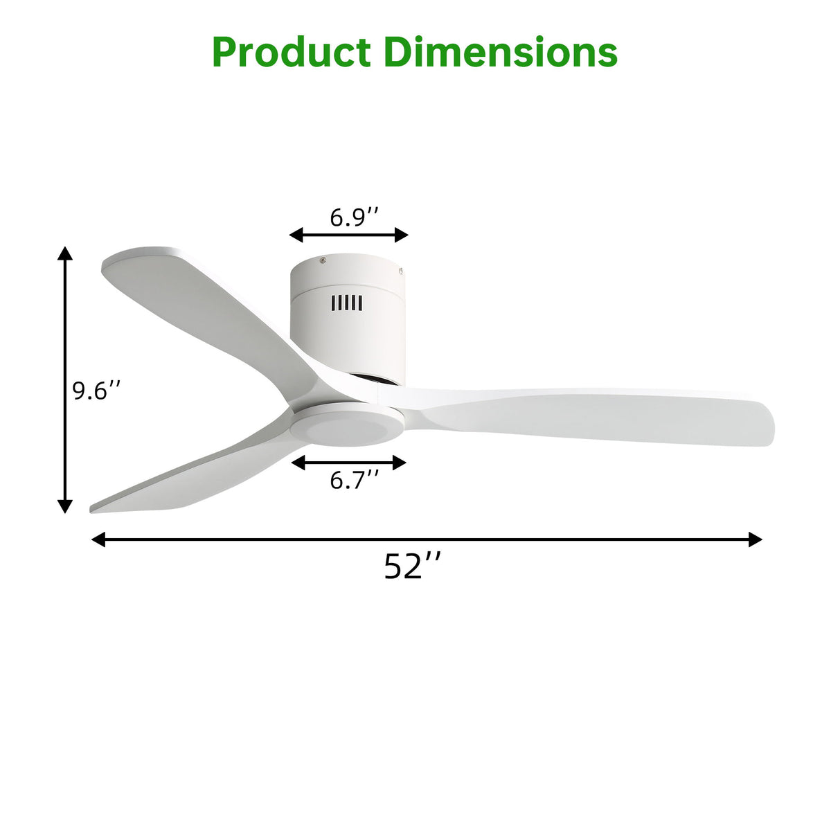 52" Flush Mount Ceiling Fan &amp; Remote, No Light, 3 Blades, 6 Speed DC Motor For Indoor Patio - White
