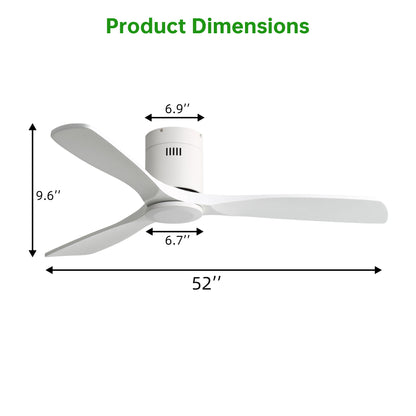 52" Flush Mount Ceiling Fan &amp; Remote, No Light, 3 Blades, 6 Speed DC Motor For Indoor Patio - White