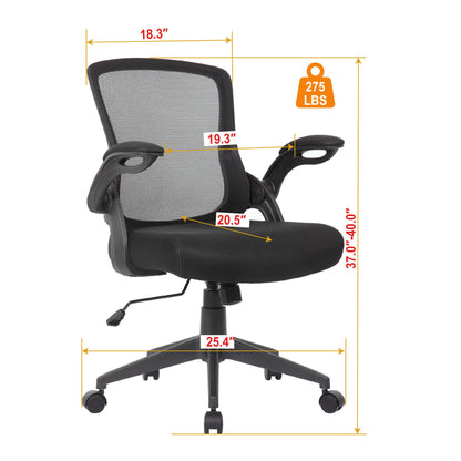 Office Chair &amp; Mid Back Design, Adjustable Height And Foldable Armrests - Black