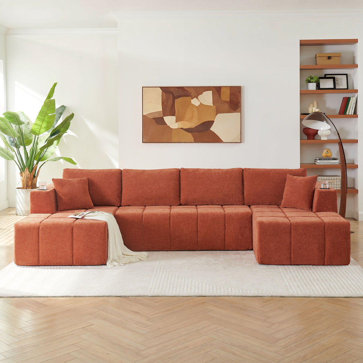 U - Shaped Sectional Sofa, Cup Holders &amp; Side Pockets For Living Room