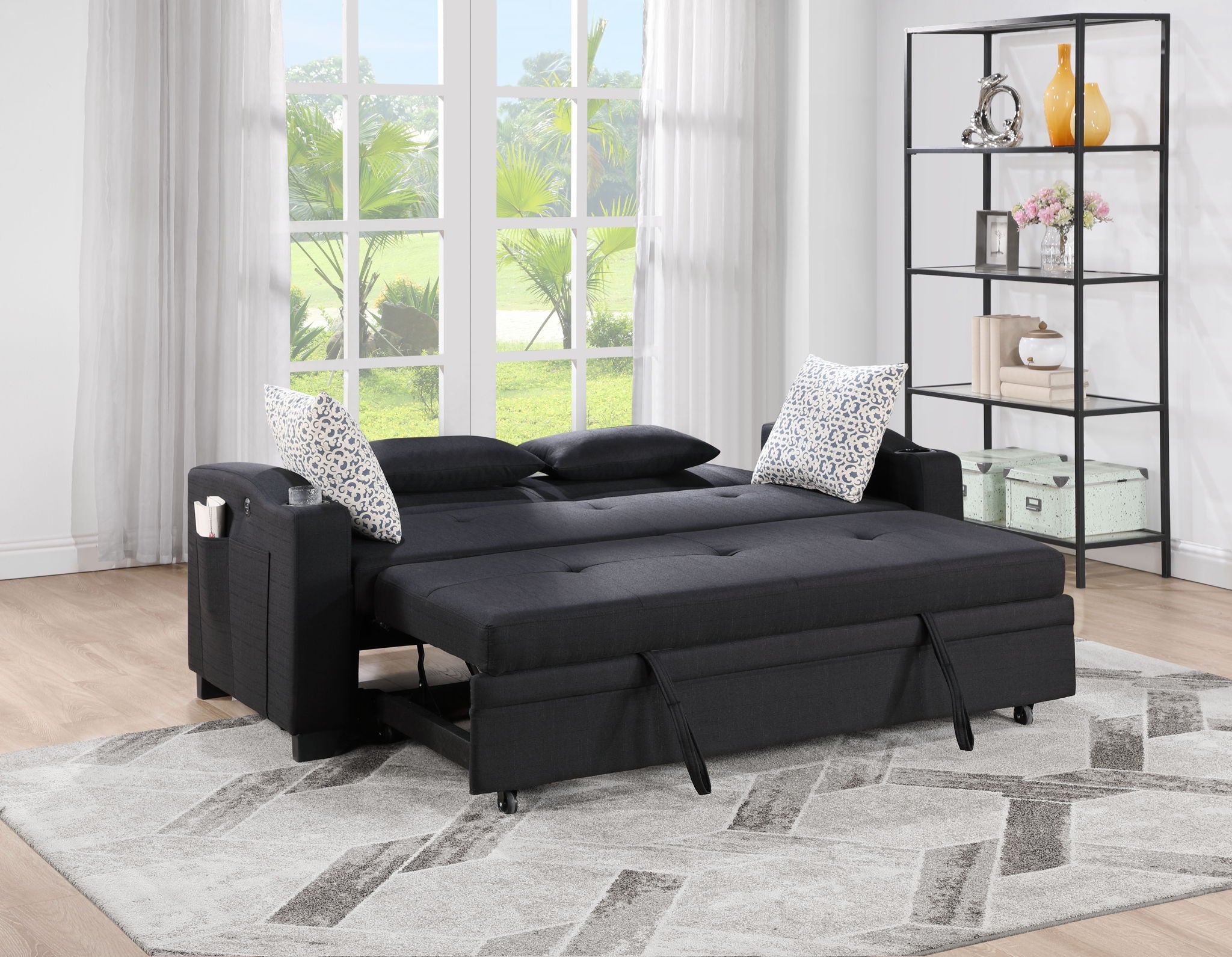 Bennett - 71&quot;W Fabric Convertible Sleeper Loveseat with USB Charger and Cupholders