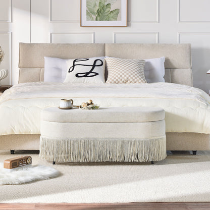Oval Upholstered Storage Ottoman With Fringe Trim &amp; Lift Top Lid