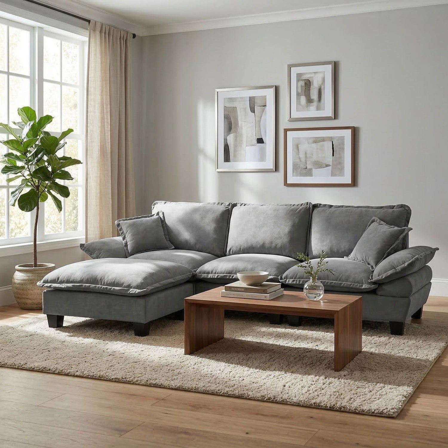 Modular Sectional Sofa With Movable Ottoman &amp; Pillows
