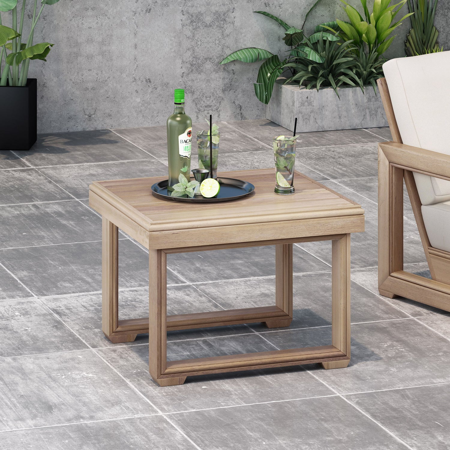 Outdoor Square Side Table With Acacia Wood Frame - Brown