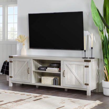 Rustic Farmhouse Double Barn Door 70&quot; TV Stand For 80&quot; TVs With Center Shelves