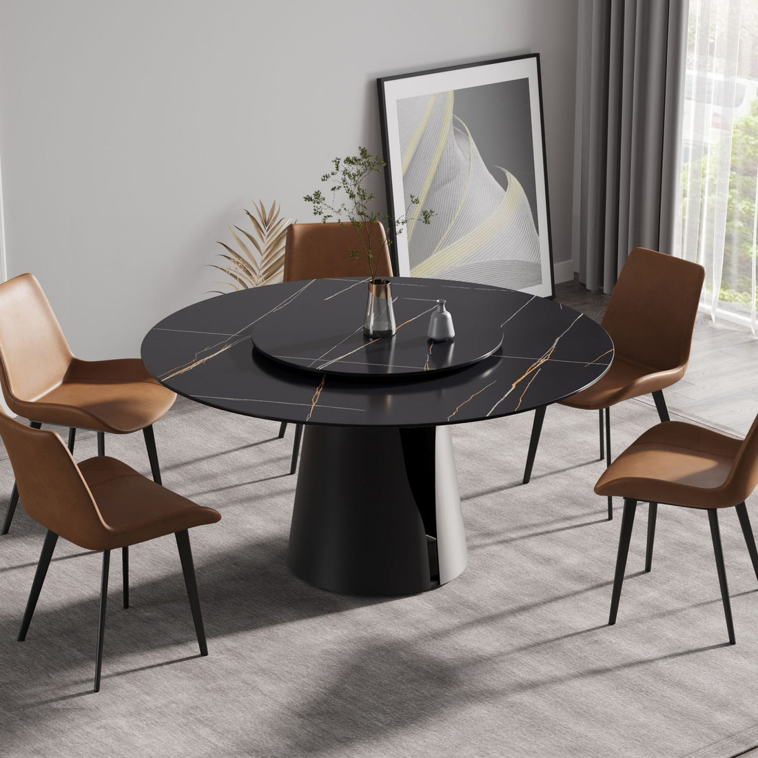 53.15&quot; Round Modern Artificial Stone Carbon Steel Base Dining Table, Can Accommodate 6 People - Black / Gold