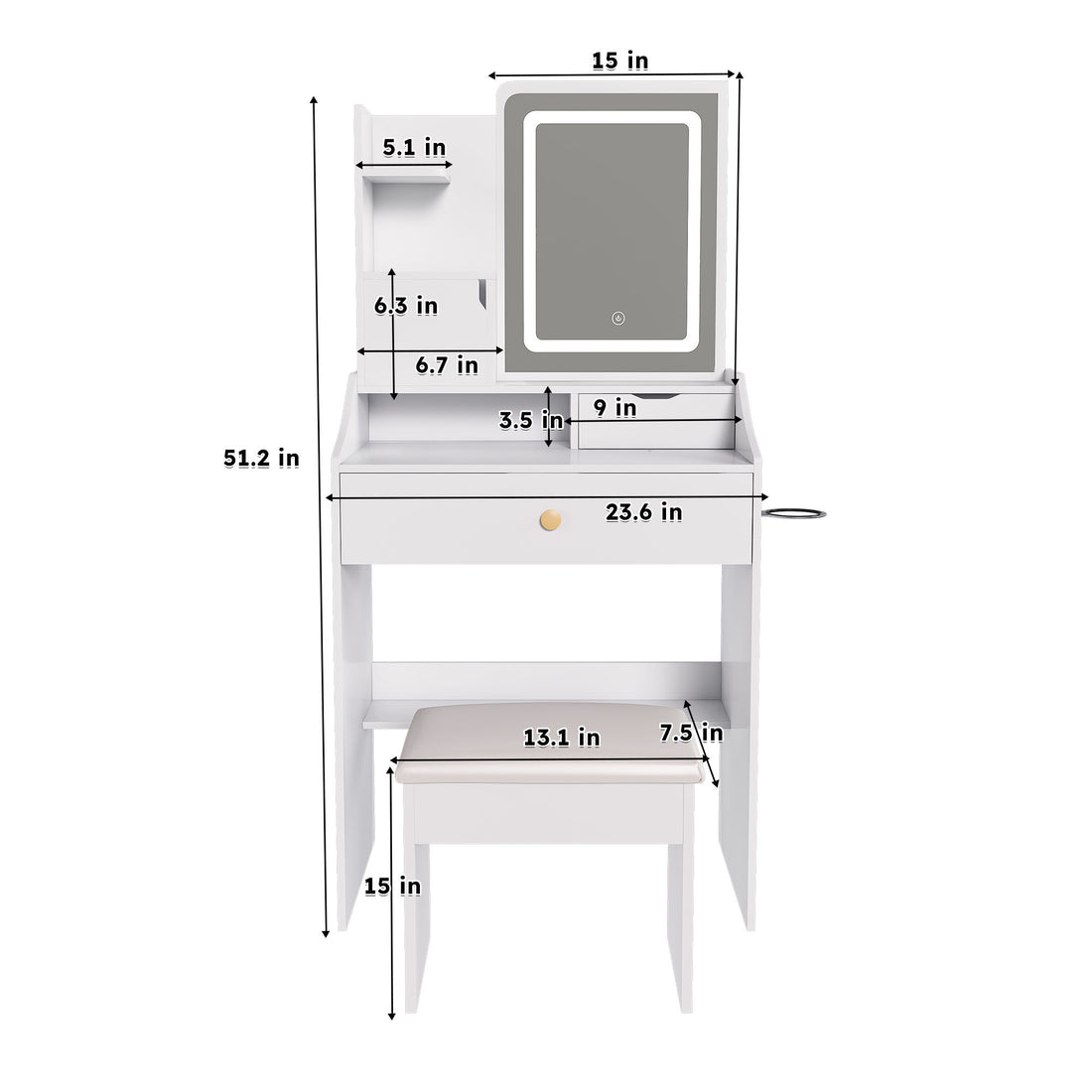 3 Color LED Vanity Mirror With Stool, 2 Drawers &amp; 5 Storage Cabinets, Adjustable Lighting - White