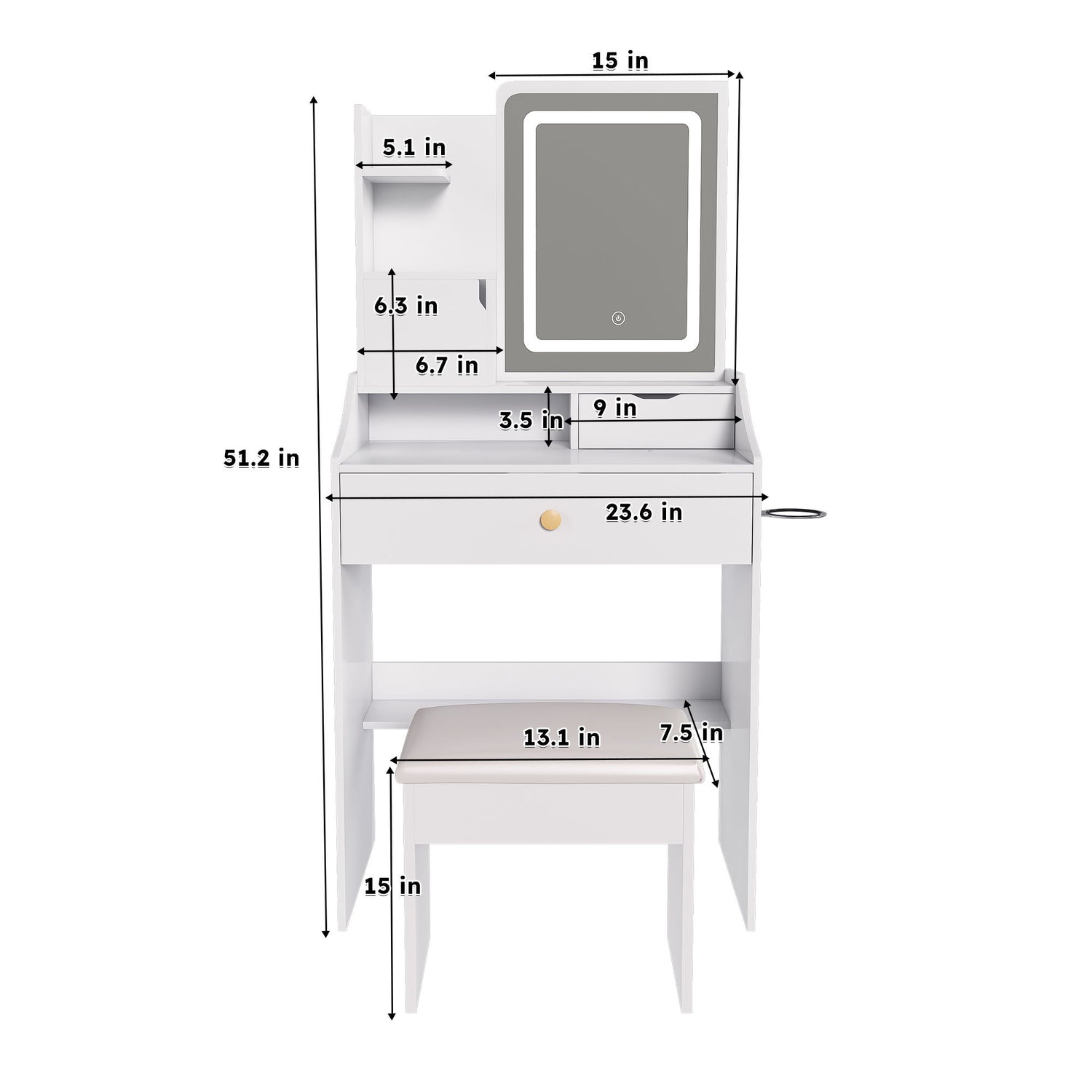 3 Color LED Vanity Mirror With Stool, Dressing Table For Bedroom, 2 Drawers &amp; 5 Storage Cabinets (4 Open + 1 Hidden), Adjustable Lighting - White