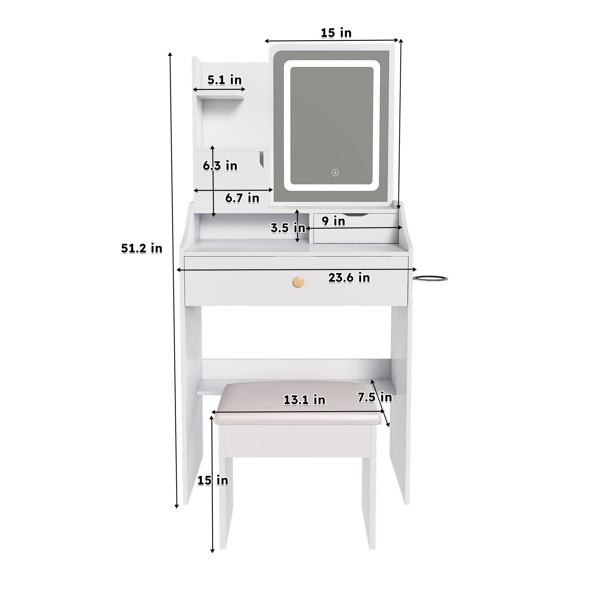 3 Color LED Vanity Mirror With Stool, Dressing Table For Bedroom, 2 Drawers &amp; 5 Storage Cabinets (4 Open + 1 Hidden), Adjustable Lighting - White