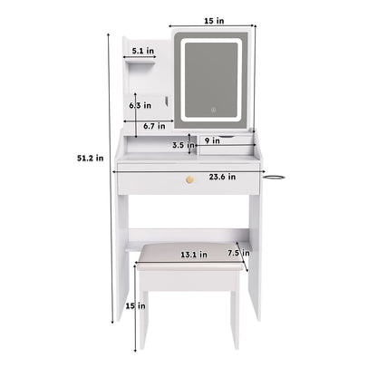 3 Color LED Vanity Mirror With Stool, Dressing Table For Bedroom, 2 Drawers &amp; 5 Storage Cabinets (4 Open + 1 Hidden), Adjustable Lighting - White