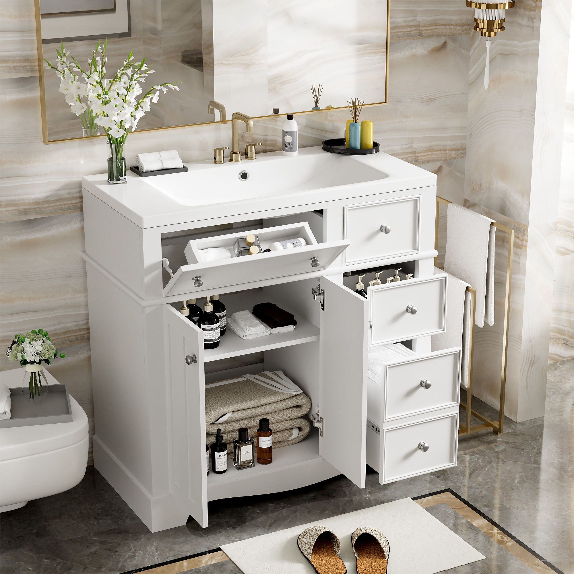 Bathroom Vanity With Resin Sink Combo, Frame Bathroom Storage Cabinet, Freestanding Vanity Set With 3 Drawers &amp; Adjustable Shelf - White