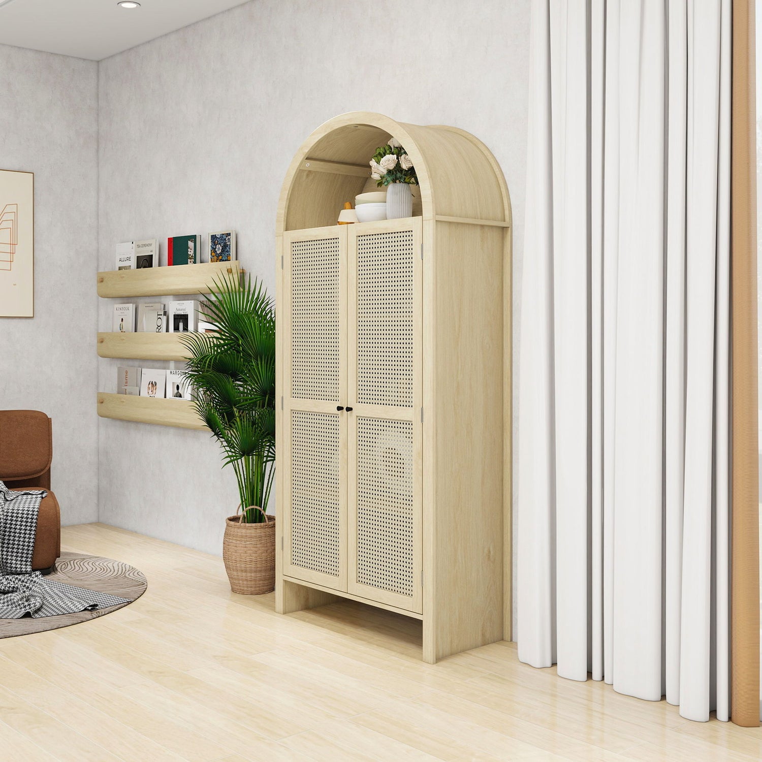 Tall Arched Kitchen Pantry, Arched Storage Display Cabinet With 2 Drawers &amp; Adjustable Shelves, Rattan Door Versatile Storage Cabinet For Kitchen, Dining Room - Natural
