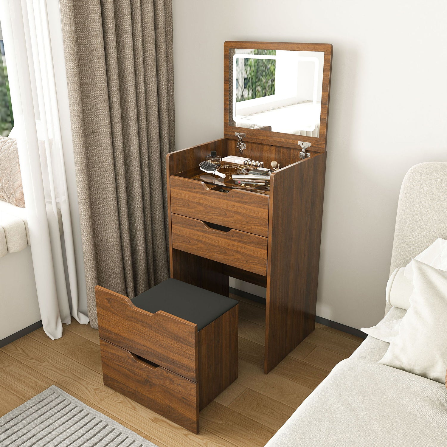 Vanity Desk With Lighted Mirror &amp; Stool