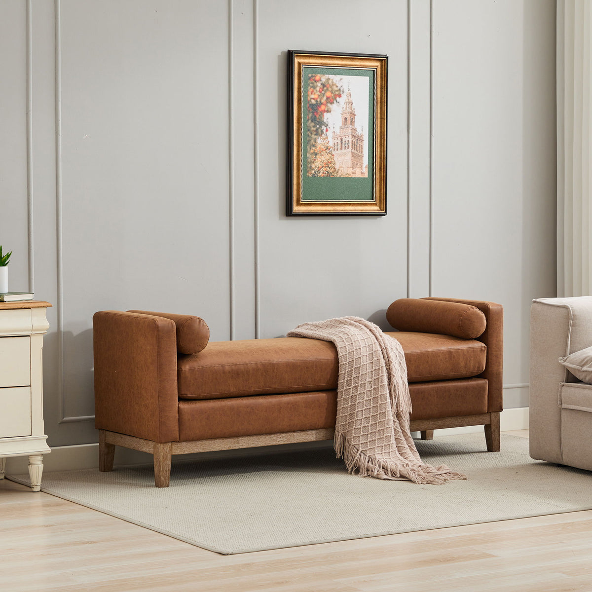 Upholstered End Of Bed Bench With Arms &amp; 2 Bolsters For Bedroom