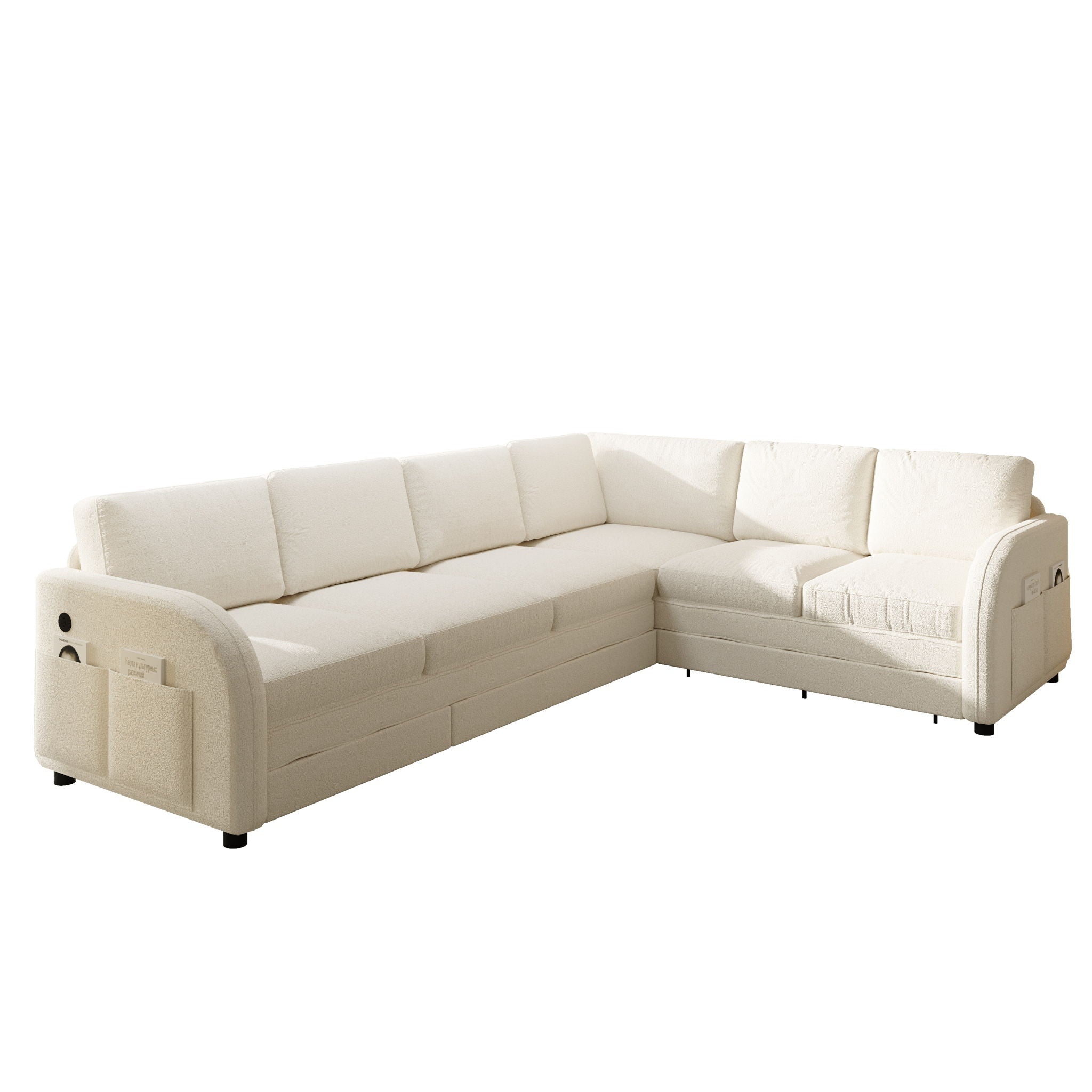 L-Shaped Couch With Pull-Out Bed, Convertible Sleeper Sofa With Side Pocket &amp; USB Port