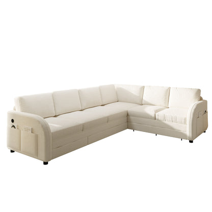L-Shaped Couch With Pull-Out Bed, Convertible Sleeper Sofa With Side Pocket &amp; USB Port