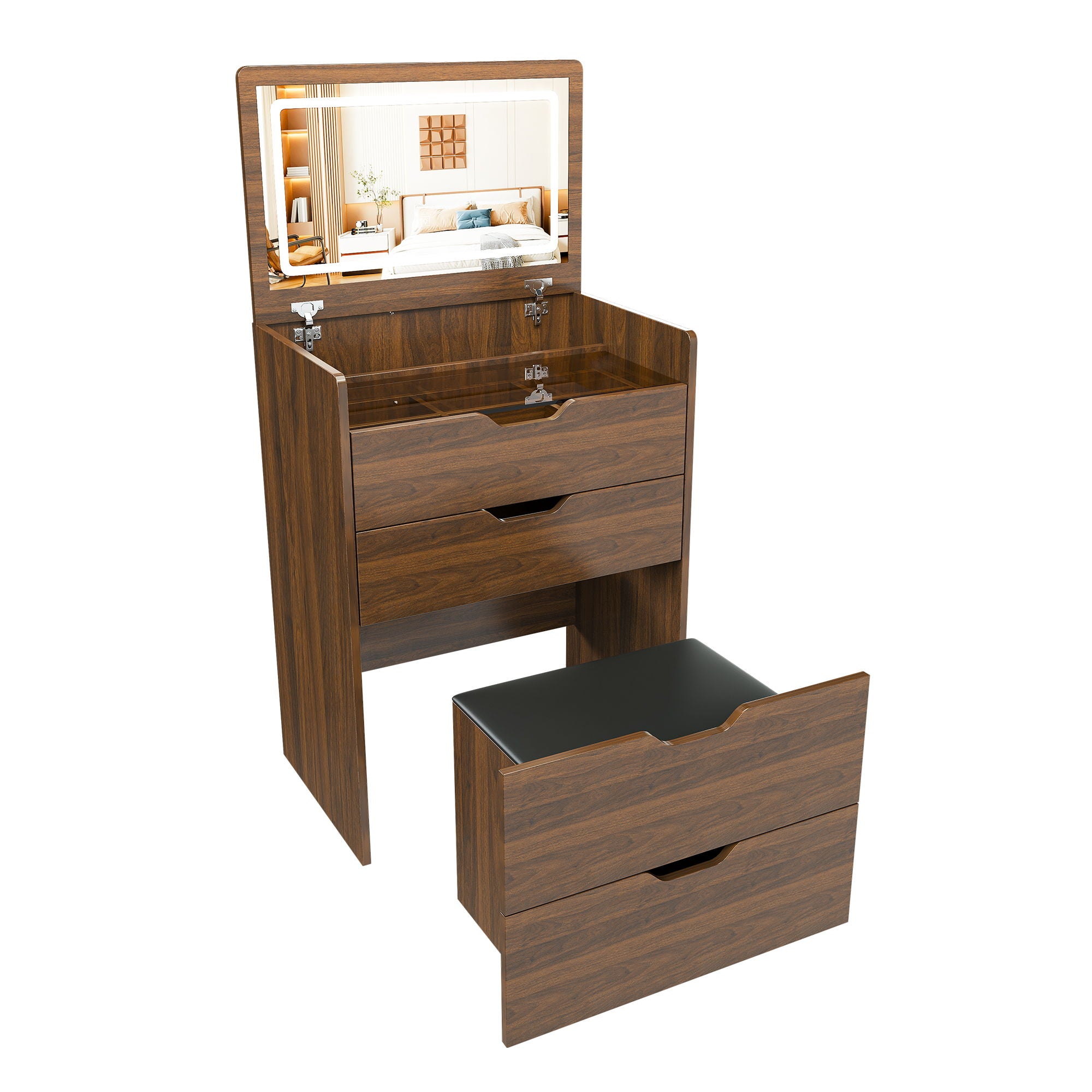 Vanity Desk With Lighted Mirror &amp; Stool