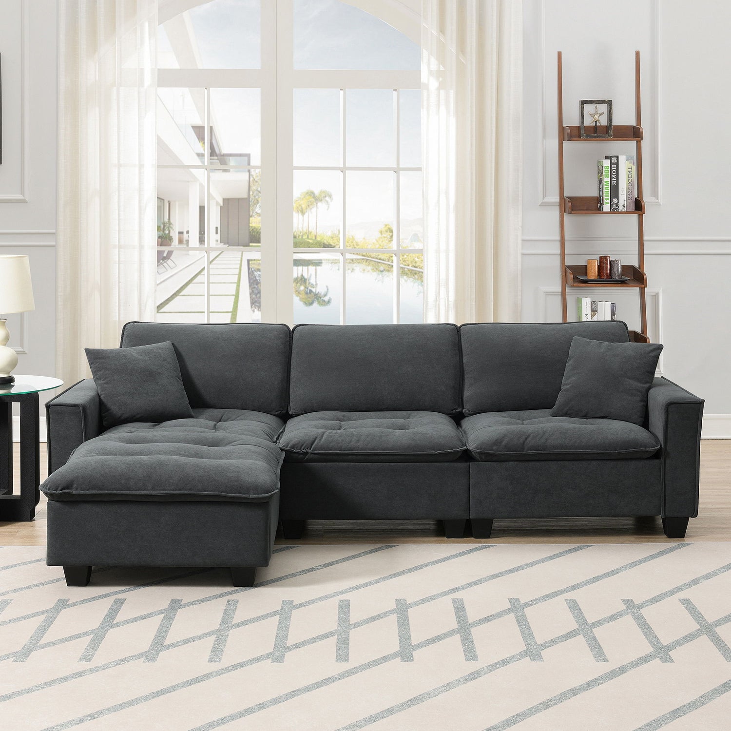 Modern Convertible Sectional L Shaped Reversible Couch Set With Free Pillows 4 Seat Suede Sleeper Sofa With Ottoman