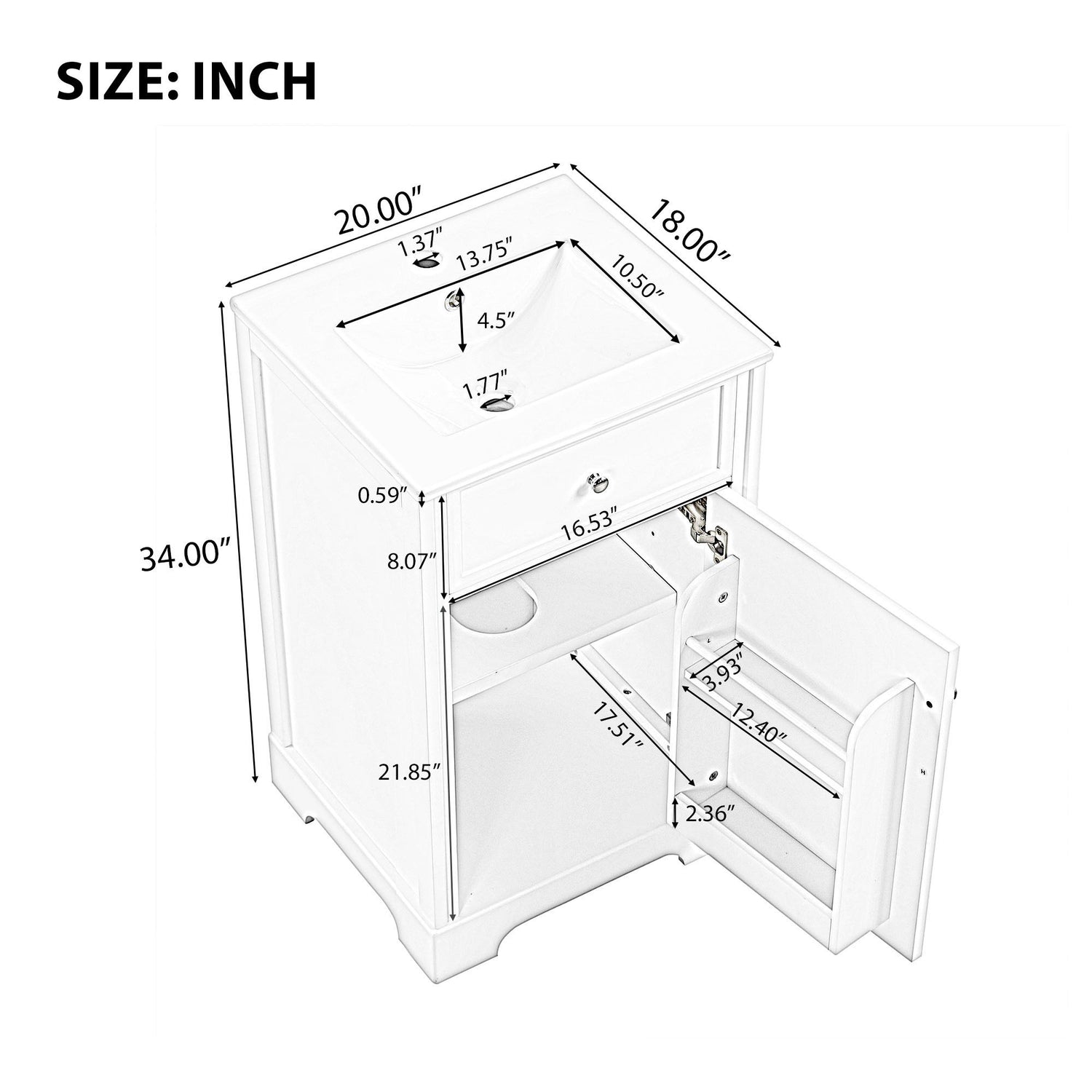 20" Bathroom Vanity With Sink, Soft Closing Cabinet Door, Adjustable Shelf &amp; Storage Rack - White