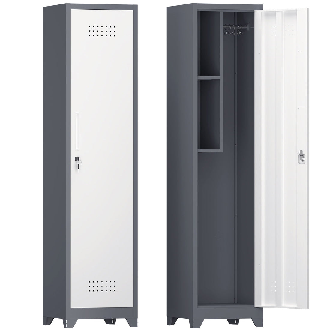 Broom Storage Cabinet Narrow Slim With Hooks And Shelves, Heavy-Duty