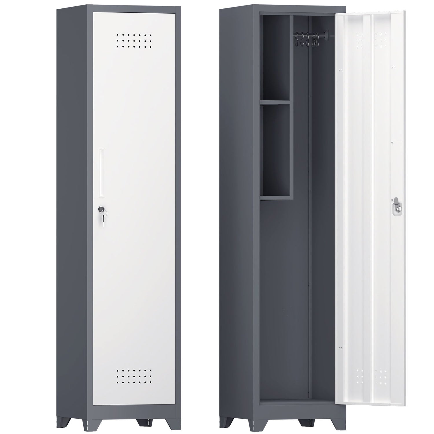 Broom Storage Cabinet Narrow Slim With Hooks And Shelves, Heavy-Duty