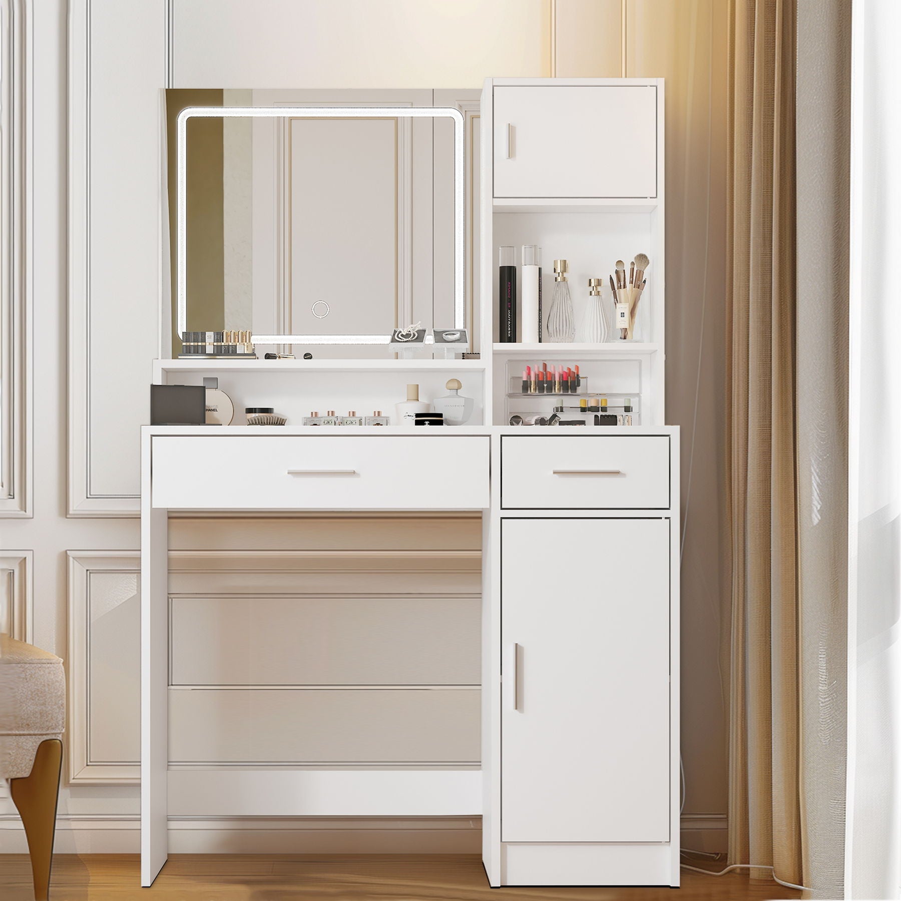 Vanity Desk With Mirror And LED Light Strip, Dressing Table With Large Drawer, 3 Level Storage Dresser &amp; 3 Lighting Modes Adjustable Brightness, Suitable For Bedroom
