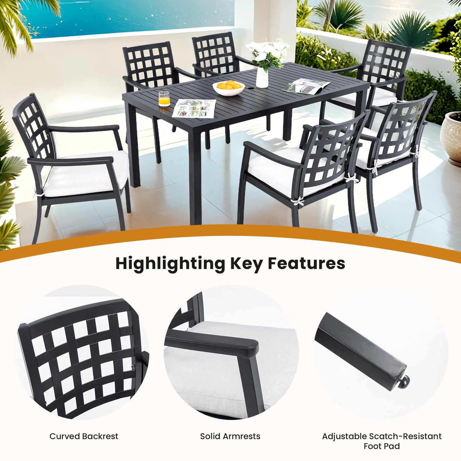 Modern Classic Outdoor Patio Dining Set, Rectangular Table &amp; Dining Chairs, Rust Free, Weather Resistant