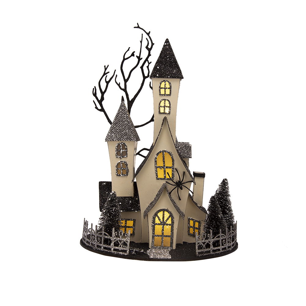 Cardboard Lighted Haunted House, Tabletop Holiday Halloween Decor, Battery Powered - Beige / Black