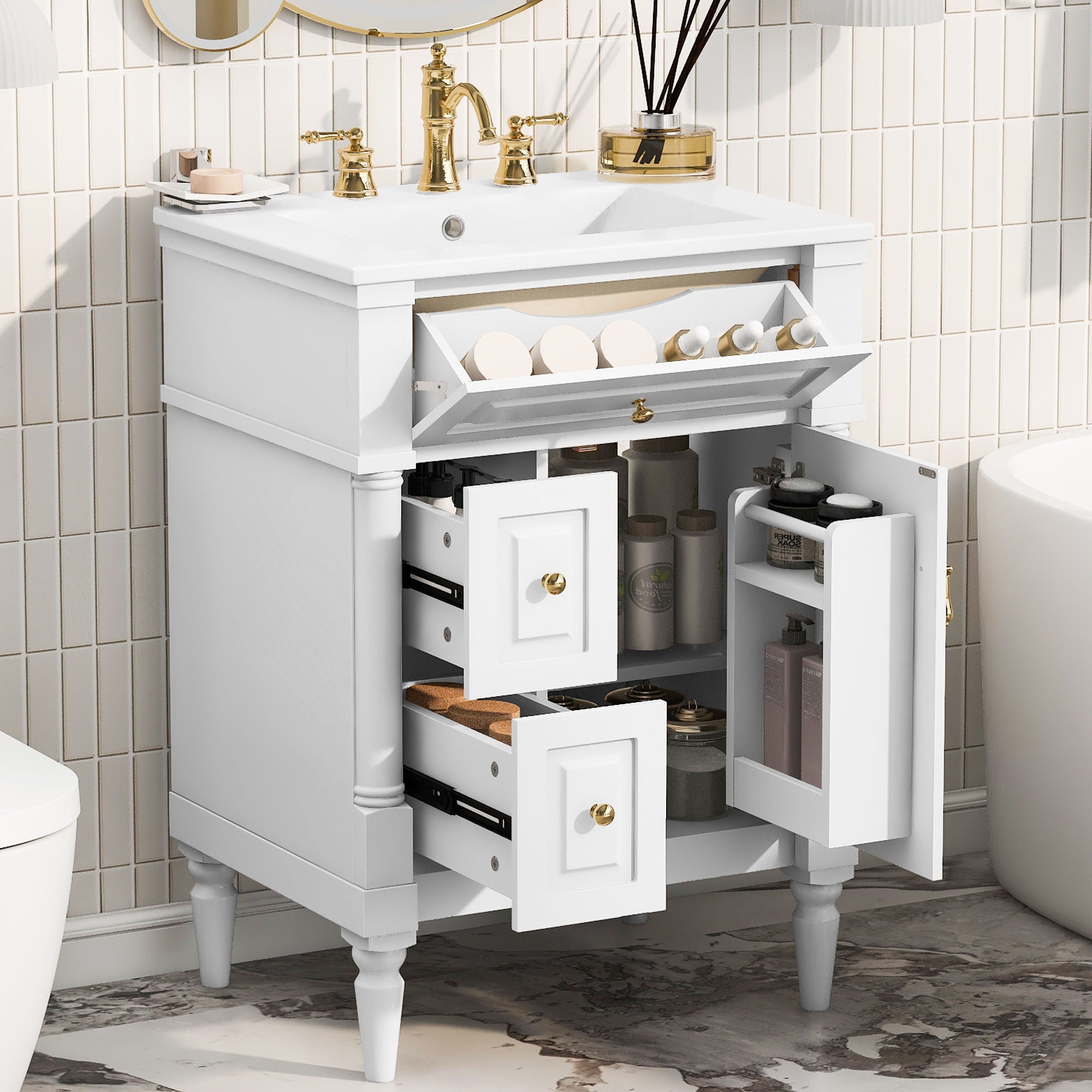 Freestanding Bathroom Vanity With Sink, Adjustable Shelf &amp; Flip Drawer