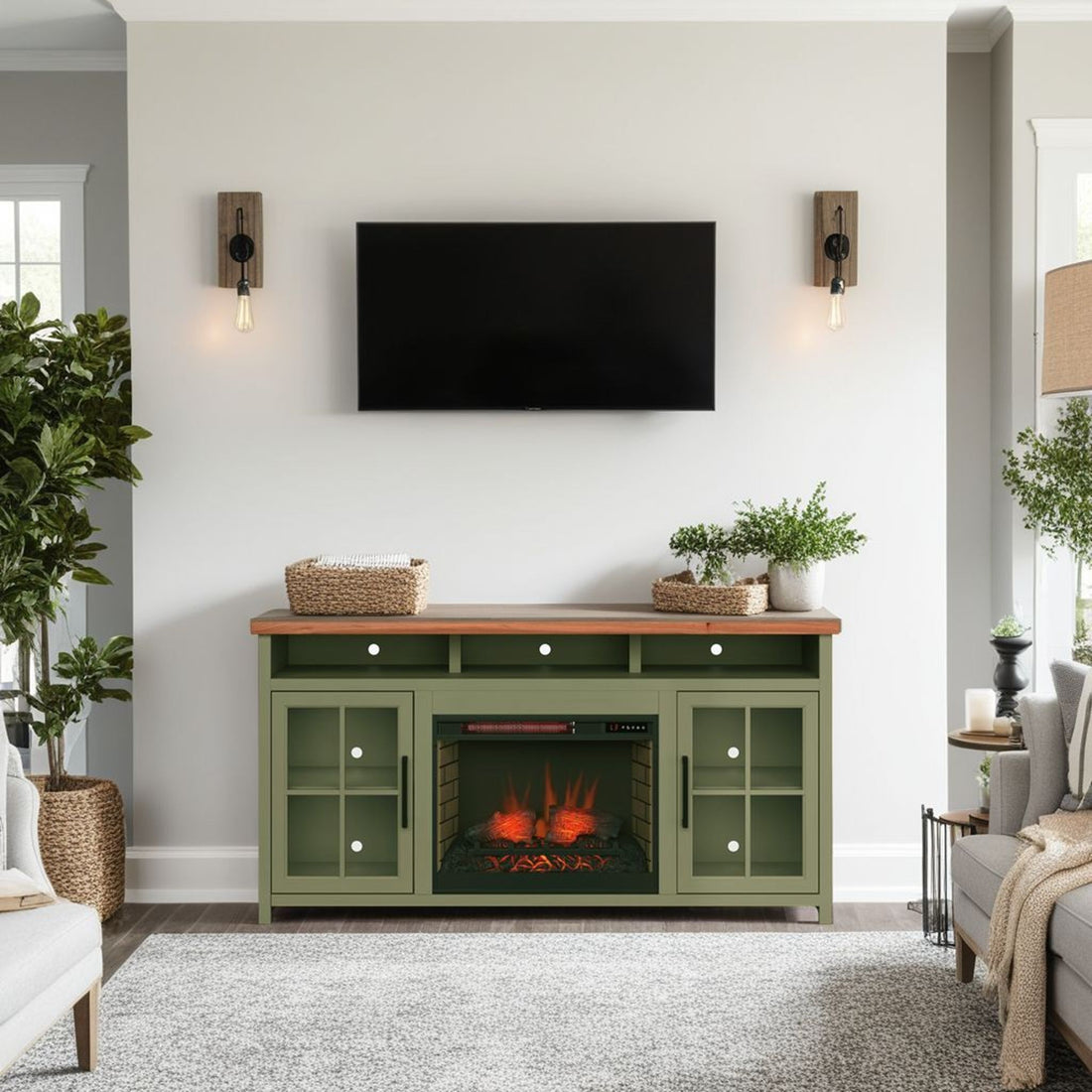 Vineyard - 74&quot; Fireplace TV Stand Console For TVs Up To 85&quot; - Sage Green And Fruitwood
