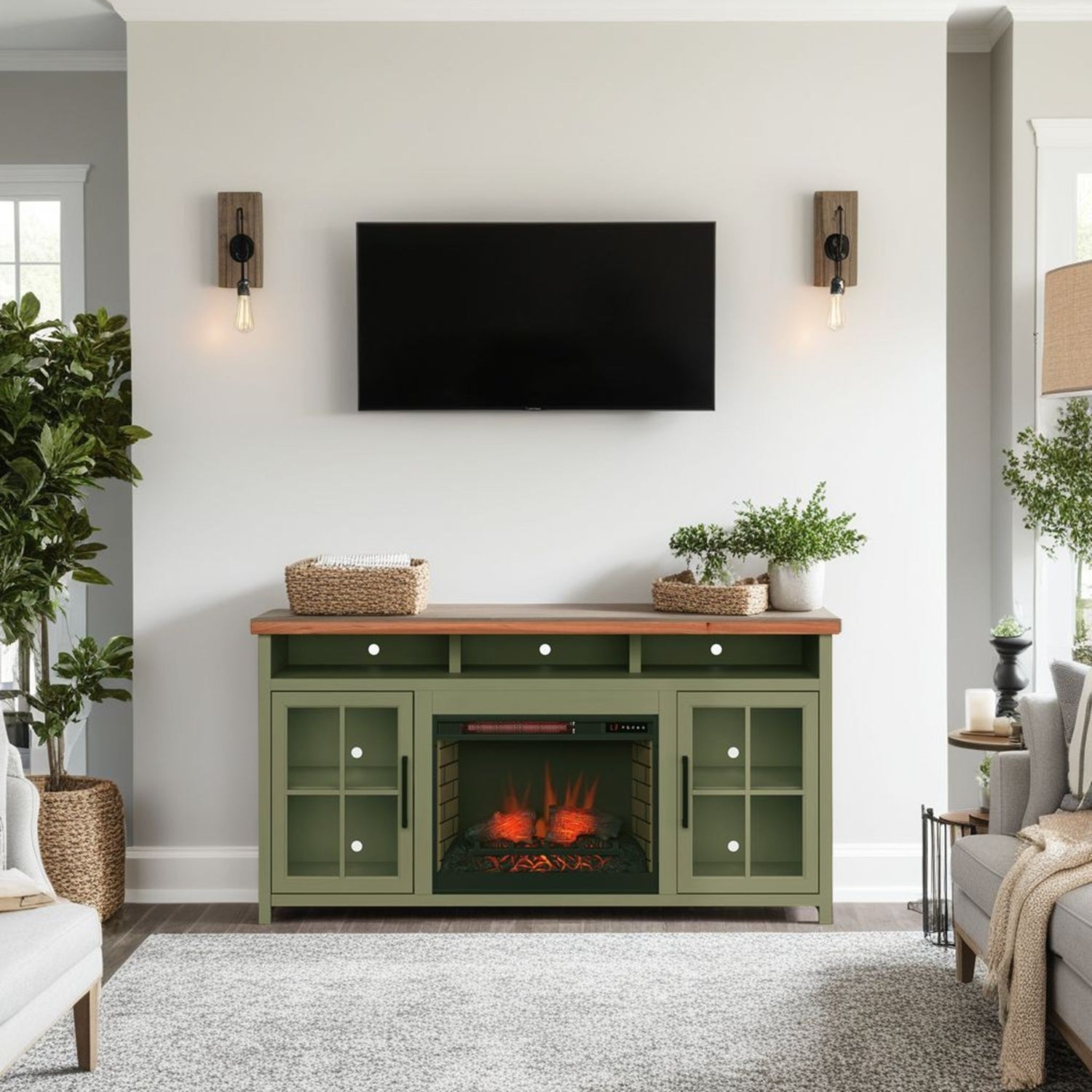Vineyard - 74&quot; Fireplace TV Stand Console For TVs Up To 85&quot; - Sage Green And Fruitwood